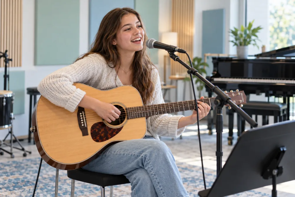 นักเรียนวัยรุ่นเล่นกีตาร์โปร่งและร้องเพลงในห้องเรียนดนตรี Music Mastery